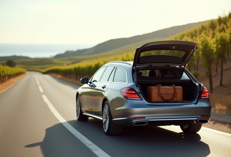 Voiture luxueuse sur une route pittoresque avec des bagages prêts pour un voyage