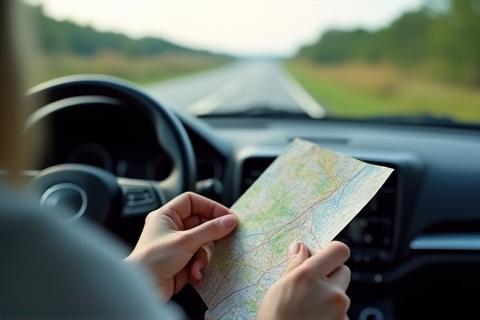 Image d'une personne consultant une carte dans une voiture